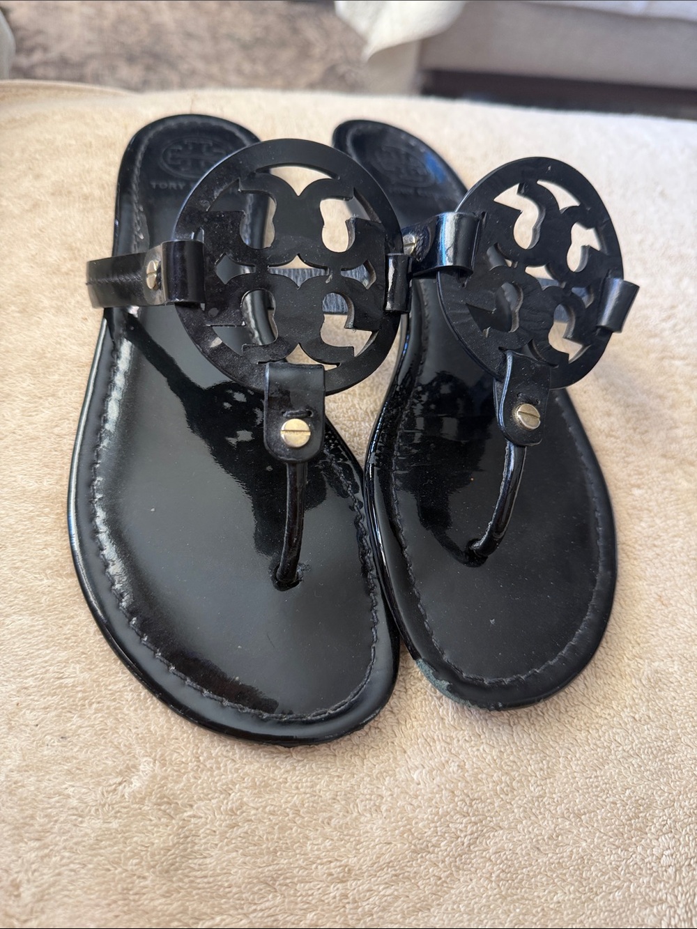 Tory Burch Black Patent Miller Thong Sandals